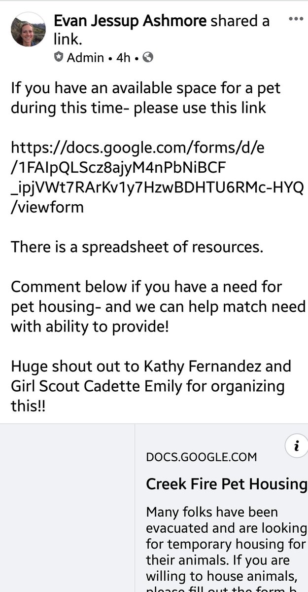   #CreekFire  #Pets Housing Willing to house evacuee  #animals? Please fill out the form You'll be contacted by someone who needs your generosity   http://docs.google.com/forms/d/e/1FAIpQLScz8ajyM4nPbNiBCF_ipjVWt7RArKv1y7HzwBDHTU6RMc-HYQ/viewformPost  http://m.facebook.com/groups/342775350417890?view=permalink&id=343404643688294 #MaderaCounty  #FresnoCounty  #Evacuations  #DAT  #California