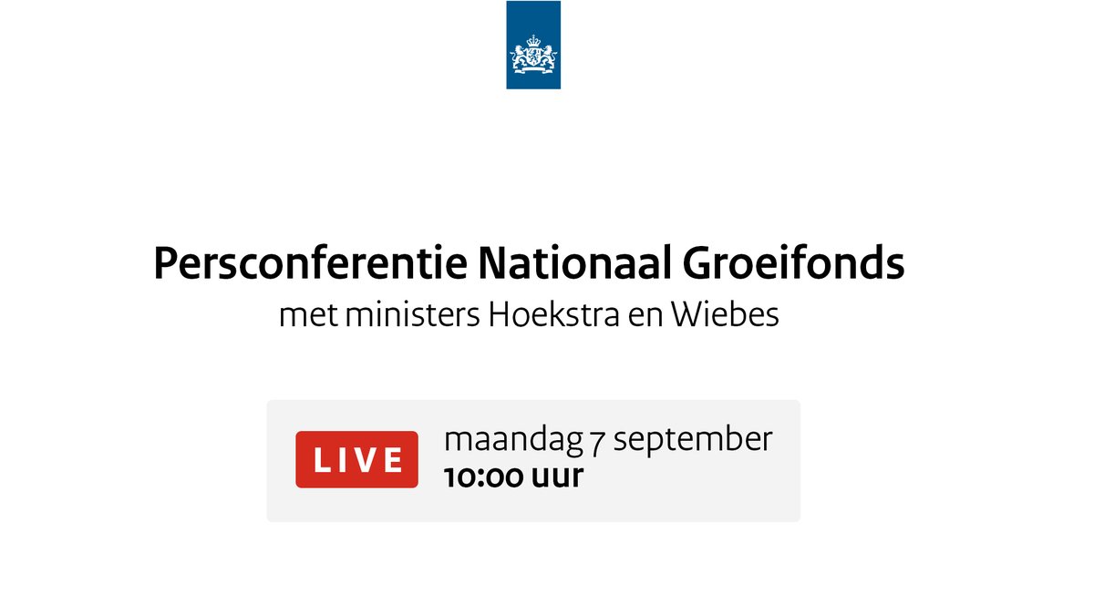 Minister Hoekstra van Financiën en minister Wiebes van Economische Zaken en Klimaat lanceren straks het Nationaal Groeifonds.

Bekijk de persconferentie vanaf 10.00 uur live op YouTube ⤵️
youtu.be/Il9lJ7M9m58

#nationaalgroeifonds