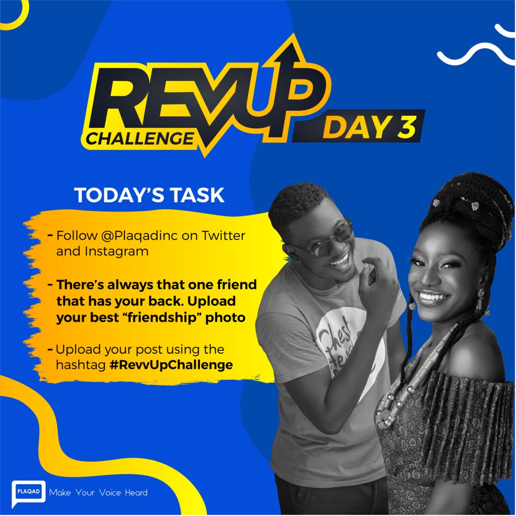 plaqadinc's tweet photo. Are you up for todayβs challenge? Here is your task:
- Follow @Plaqdinc on Twitter and Instagram
- Thereβs that one friend that always has your back. Upload your best βfriendshipβ photo using #RevvUpChallenge and tag your friend. https://t.co/JHMyOJQ7LW