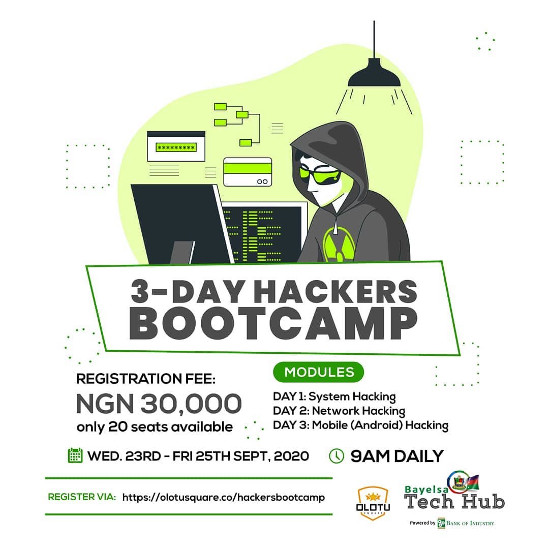 brucealgorithm's tweet photo. Join the league of hackers with 3 basic skills on how to hack laptops, network and mobile devices.
#Hackers #olotusquare #bayelsatechhub #bankofindustry #hackersbootcamp https://t.co/bsfjbo8SkC