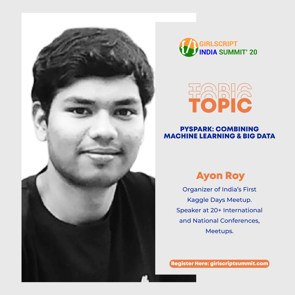 gssummit_2021's tweet photo. @Girlscript1 Presents a session on "PySpark : COMBINING MACHINE LEARNING &amp; BIG DATA" by Ayon Roy.

He has delivered 10+ talks &amp; mentored 15+ hackathons. Also he is the organizer of India's First Kaggle Days Meetup in Delhi.

Register now to learn from him: https://t.co/kPMg2gX2lv https://t.co/mzXlk9en3a