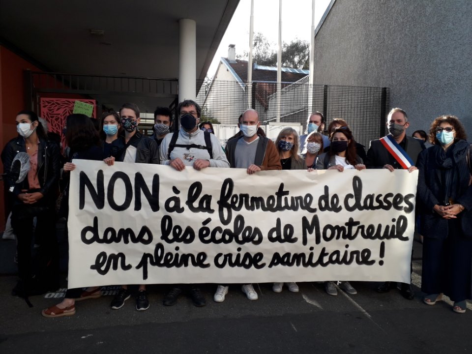 glechequer's tweet photo. En pleine crise sanitaire l’Education Nationale décide ; une semaine après la rentrée, de la fermeture de classes notamment en petite section de maternelle à l’école Louise Michel à #montreuil . Une décision mesquine prise la calculette à la main mais en dépit du bon sens. 1/2 https://t.co/ohumjpmmrH