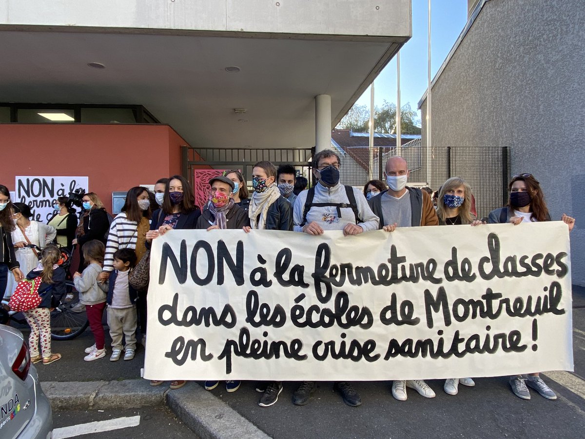 glechequer's tweet photo. En pleine crise sanitaire l’Education Nationale décide ; une semaine après la rentrée, de la fermeture de classes notamment en petite section de maternelle à l’école Louise Michel à #montreuil . Une décision mesquine prise la calculette à la main mais en dépit du bon sens. 1/2 https://t.co/ohumjpmmrH
