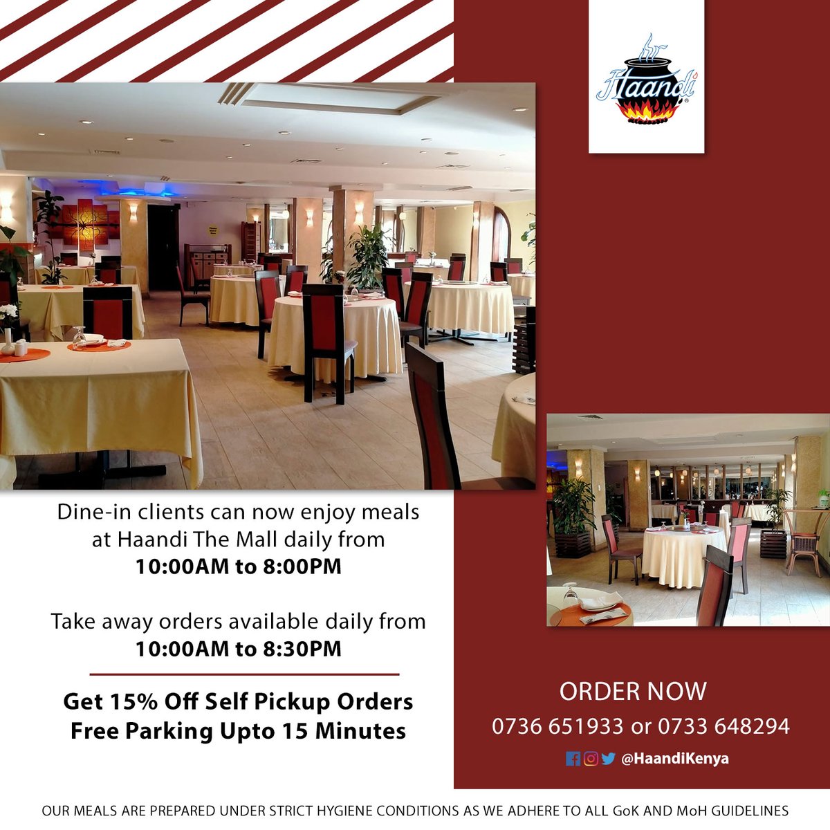 Embracing the new normal with well spaced table arrangement, temperature checks, mobile money payment options and proper hand sanitizing are being practiced at our restaurant. Rest assured, your safe and well-being is our priority. 😊 #ExperienceHaandi