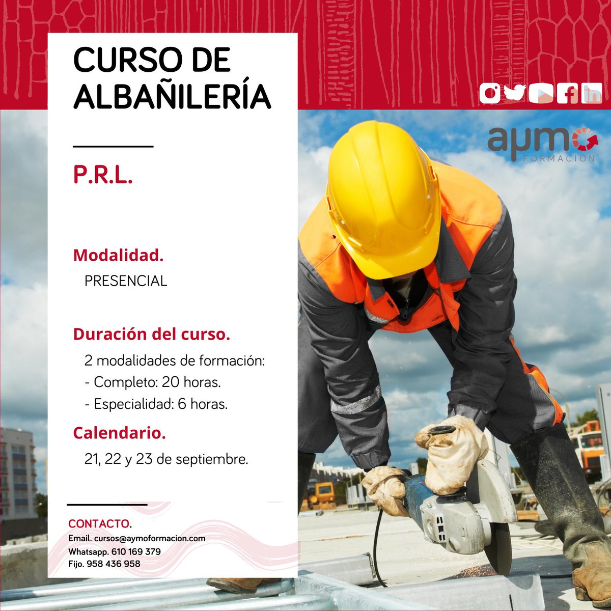 AyMoFormacion's tweet photo. El próximo día 21 de septiembre comienza nuestro curso de PRL en Albañilería, con dos modalidades: el completo de 20 horas, o la especialización de solo 6 horas.

¡Plazas limitadas!

https://t.co/uXkJDJ8hdF

#aymo #albañileria #cursos #prl https://t.co/bMxdvDO7z4