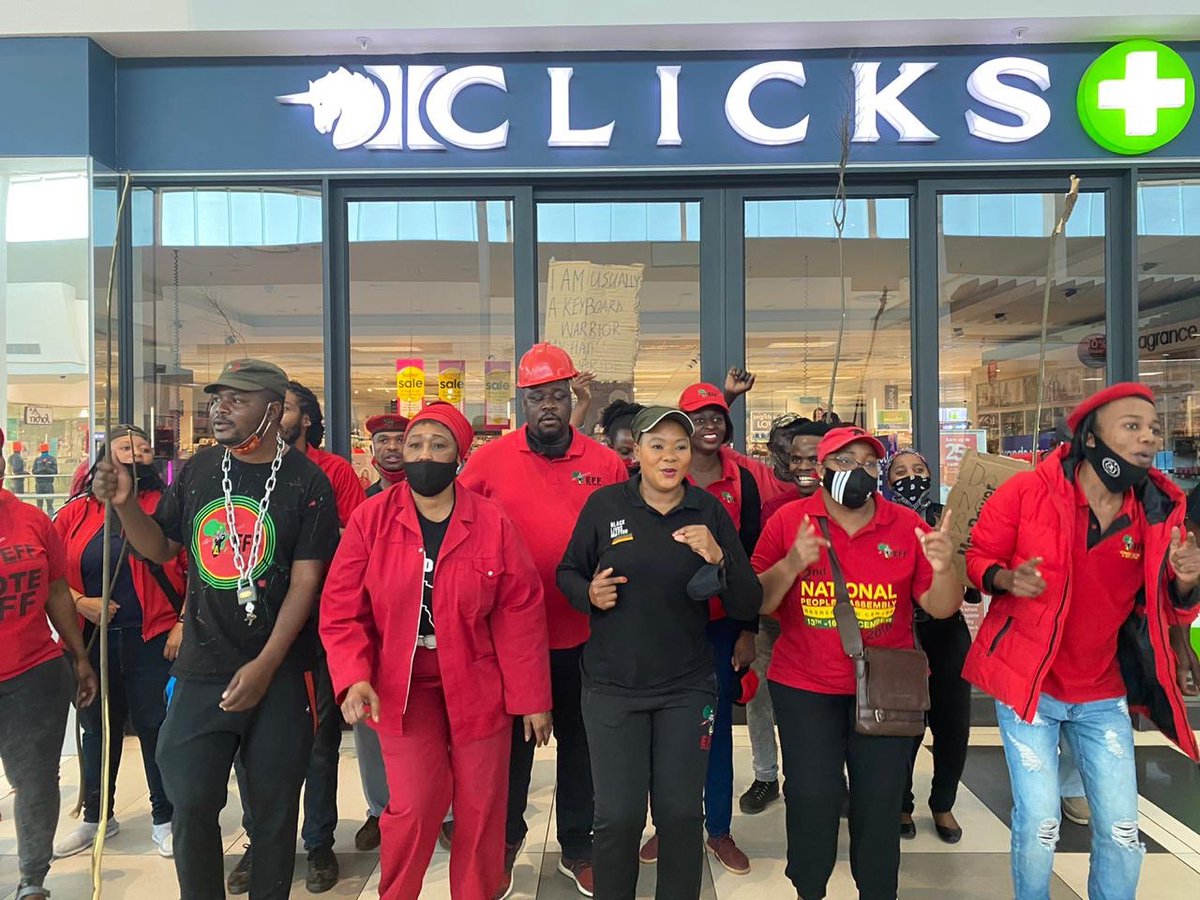 EFFSouthAfrica's tweet photo. Treasurer-General @OmphileMaotwe is outside Clicks at Menlyn Mall, Tshwane leading fighters and ground forces in the peaceful demonstration against the racist Clicks. #ClicksMustFall https://t.co/2KgAHskWYN