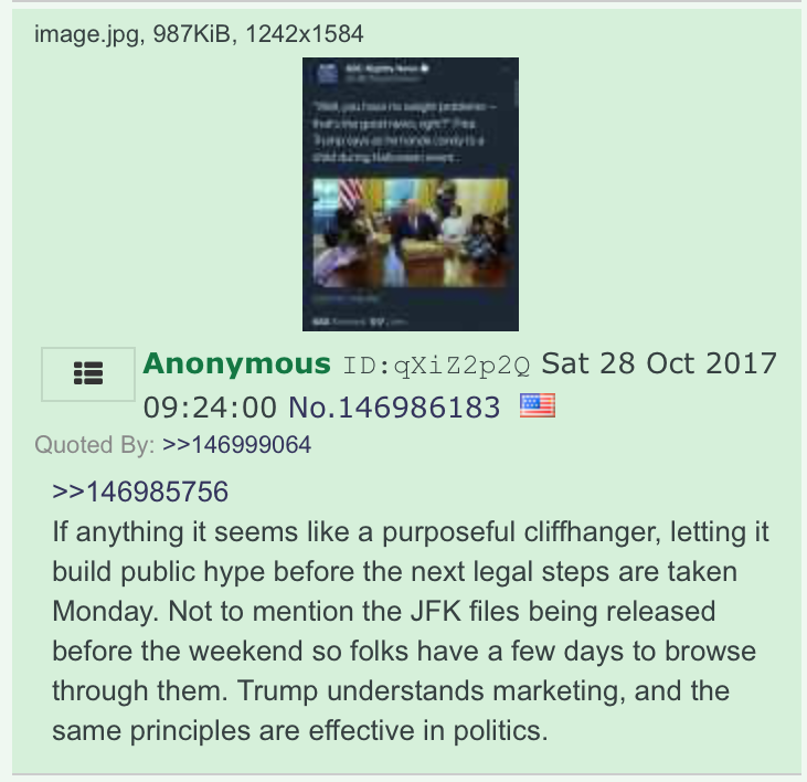 Let's return, for the moment, to the assertion that "4chan was awash in conspiracy theorists."How can we tell? One minor theme running through the thread was that the FBI was about to release a large number of JFK-related documents, and anons were very excited.