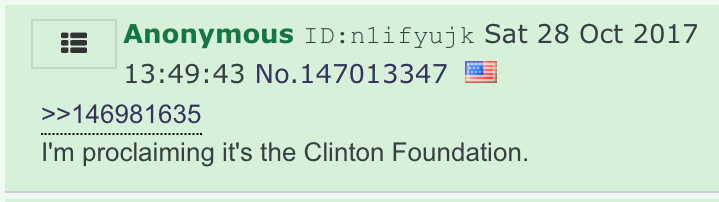 This was by far the smaller camp. Most anons -- because, and we cannot stress this enough, 4chan was *awash* in conspiracy theorists who *already believed many of the core points of QAnon* before Q ever showed up -- fell into the second camp: it's gonna be a Democrat.