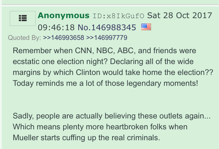 This was by far the smaller camp. Most anons -- because, and we cannot stress this enough, 4chan was *awash* in conspiracy theorists who *already believed many of the core points of QAnon* before Q ever showed up -- fell into the second camp: it's gonna be a Democrat.