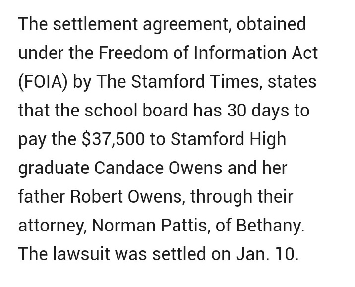 pesach_lattin's tweet photo. Candace Owens claims racism doesnt exist yet she sued her highschool for racism and got $37,500.

She used that money to go to college and dropped out... https://t.co/5p6zmaHEnI