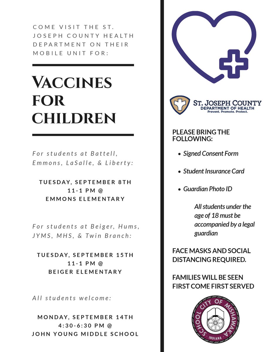 Rockets, here is another reminder!! The first of three Vaccination Clinics takes place THIS Tuesday at Emmons Elementary from 11-1!
Please takes advantage of this service!  <a href="/PrincipalRC05/">Principal Cummings</a> <a href="/SCMSchools/">SCM Schools</a> @SCM_Supt