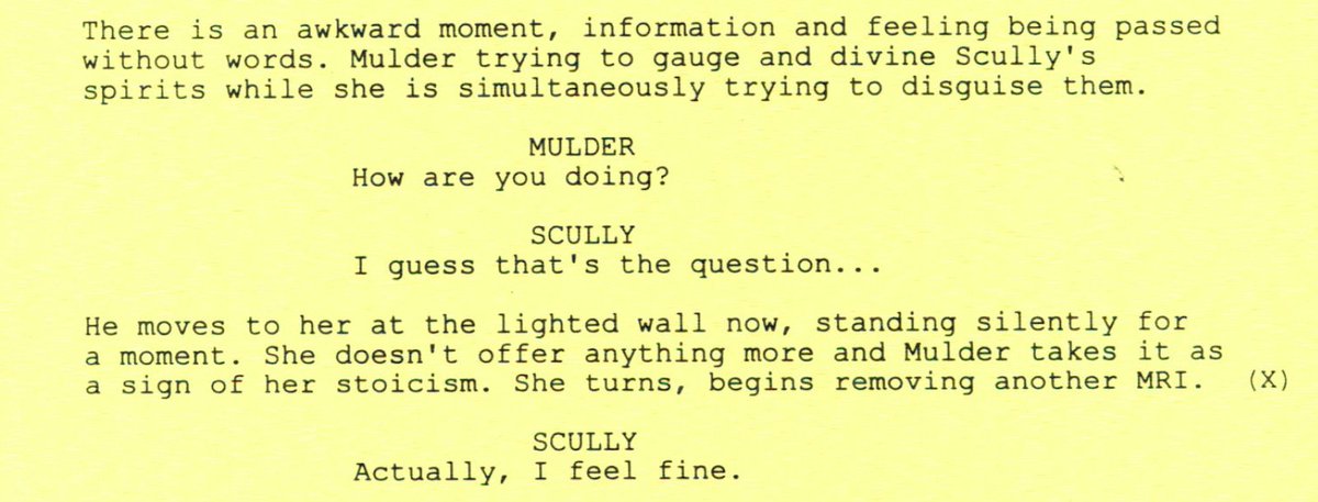 "There is an awkward moment, information and feeling being passed without words. Mulder trying to gauge and divine Scully's spirits while she is simultaneously trying to disguise them." #XFScriptWatch