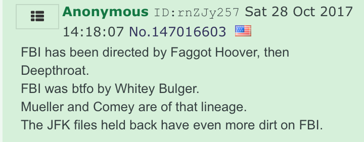 Let's return, for the moment, to the assertion that "4chan was awash in conspiracy theorists."How can we tell? One minor theme running through the thread was that the FBI was about to release a large number of JFK-related documents, and anons were very excited.