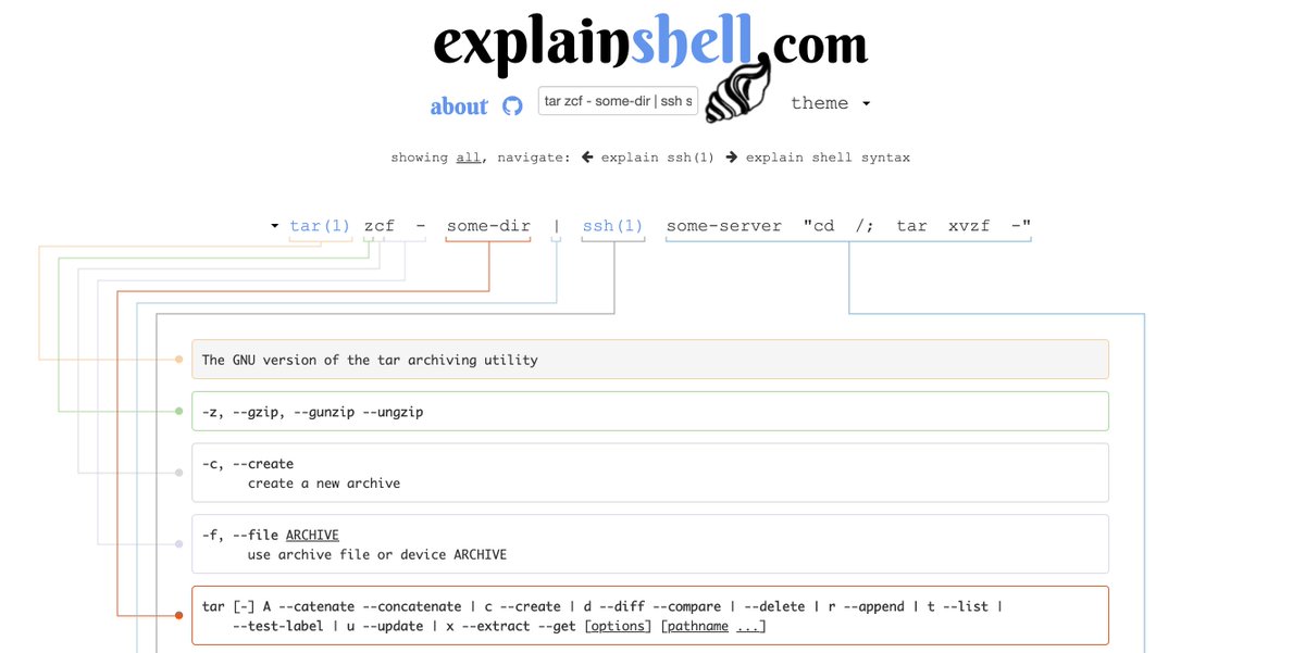 _RyanBenson's tweet photo. #DailyDFIR 250: Have a long command on Linux that you're trying to make sense of? Check out explainshell!

🔗 https://t.co/Nbhv1bGj5Z

I think the interface is really nice and like the hover interactions. It was definitely part of my inspiration for Unfurl. #DFIR #bash #Linux https://t.co/iOh2rioB51