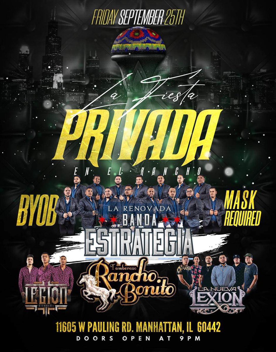 _masmusic's tweet photo. 🗓Friday September 25th 🗓
🤠La Fiesta Privada En El Rancho 🤠

📍11605 W Pauling RD. Manhattan, IL 60442📍
🍾BYOB🍾

Tocando En Vivo:
Renovada Banda Estrategia 🎺
La Nueva Lexion 🎤
Legion Sierreña 🎸
Tamborazo Rancho Bonito 🎷 https://t.co/YkzBh0ZGUe
