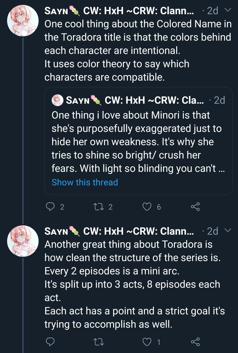Too keep everything in the same thread:The reason behind the Colors in the Toradora title.The writing structure.The motivation behind Minori.