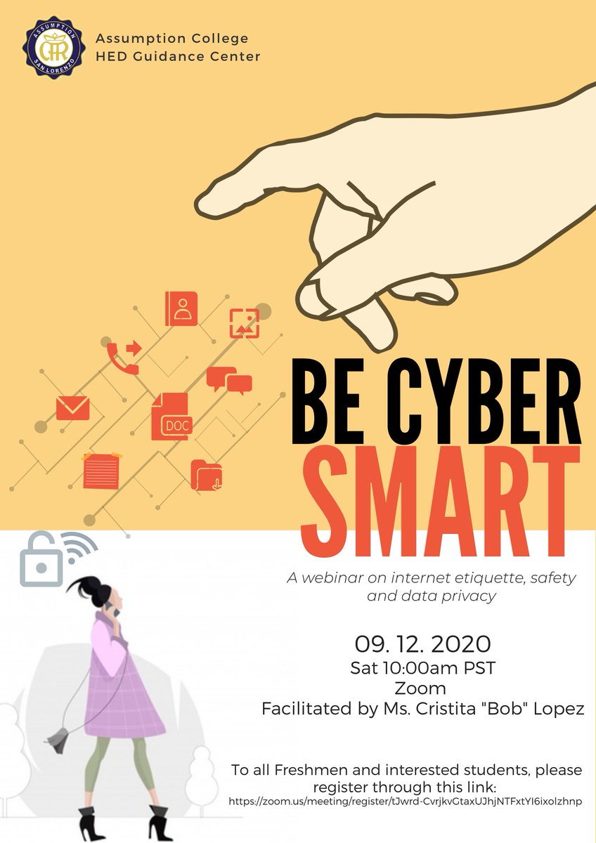 GuidanceAC's tweet photo. To all our dear Freshmen!

How do you know if you are safe online? 

Find out more on September 12, Saturday at 10am as we learn ways and strategies to secure our privacy and security in the web. Register here https://t.co/XR7671H0Re  

Participants will receive an e-certificate! https://t.co/e1dRrX4eys