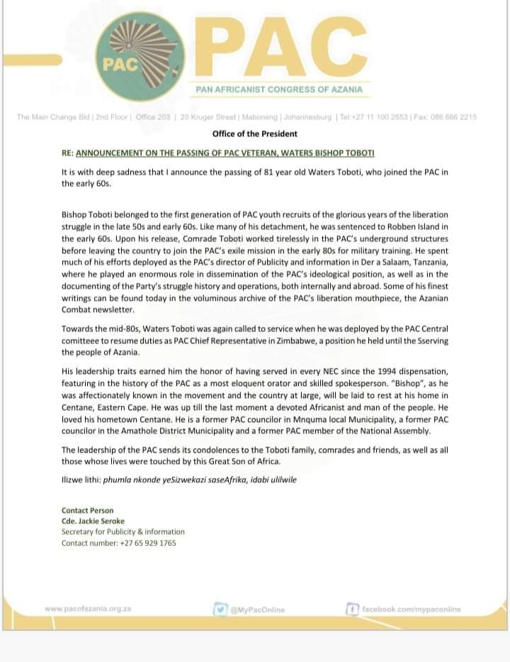 The embodiment of the instructive PAC motto: Serve, Suffer and Sacrifice. A most couragous and selfless leader with an ardent love for our people! We are all made poorer because of this loss. 

You have run your race. Rest in Peace Son of the soil. #BishopToboti #WatersToboti