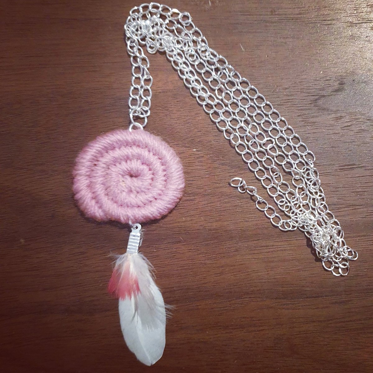 waybarra's tweet photo. Galah Feather Necklace 💕 #Indigenous #Aboriginal #culture #weaving #art #jewellery #necklace #coiled #galah #feathers #pink https://t.co/w3GPHebb38