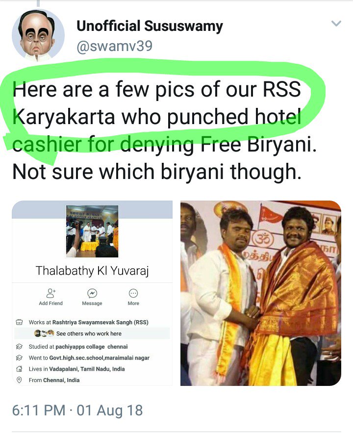 Rasode ka Factchecker  @zoo_bear had shared a Fake Facebook profile made in the name of Yuvaraj, who punched a cashier for denying Free Biryani.Zubair said Yuvaraj is from RSS, when actually he was DMK member and party sacked him too.These people are fighting misinformation?