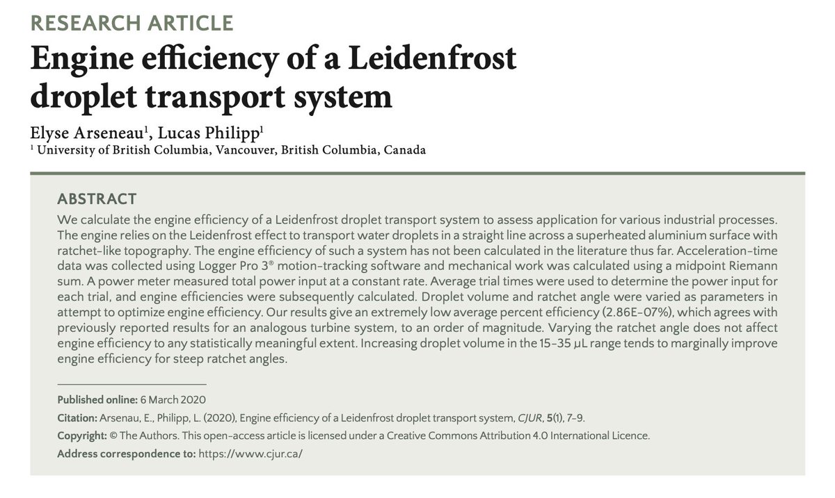 Engine efficiency of a Leidenfrost droplet transport system | tinyurl.com/y4nypzfq | <a href="/ubcengineering/">UBC Engineering</a> 

Read this and other manuscripts from Volume 5 Issue I here: cjur.ca/volume-v-issue…