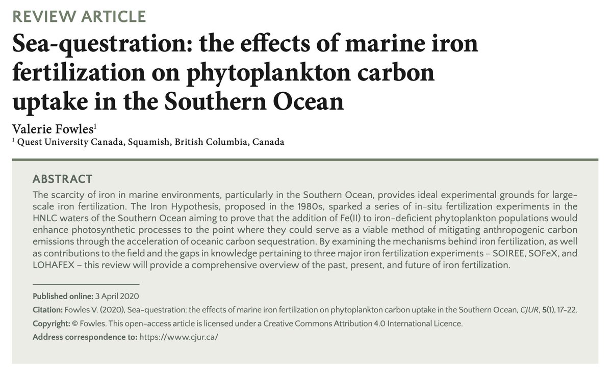 Sea-questration: the effects of marine iron
fertilization on phytoplankton carbon
uptake in the Southern Ocean | tinyurl.com/y68fl3wr | <a href="/QuestUniCanada/">Quest University</a>

Read this and other manuscripts from Volume 5 Issue I here: cjur.ca/volume-v-issue…