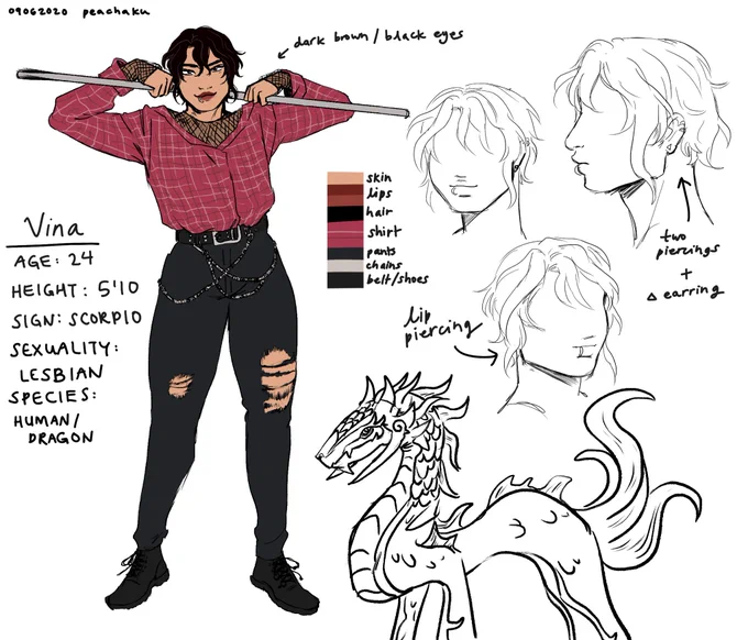 [oc] ref sheet for vina w a tentative dragon design...yes the dragon will also have a lip piercing 