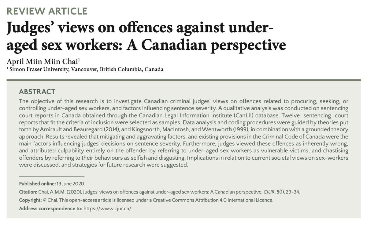 Judges’ views on offences against under-aged sex workers: A Canadian perspective | tinyurl.com/y5zrnsbw | <a href="/SFU/">Simon Fraser University</a>

Read this and other manuscripts from Volume 5 Issue I here: cjur.ca/volume-v-issue…