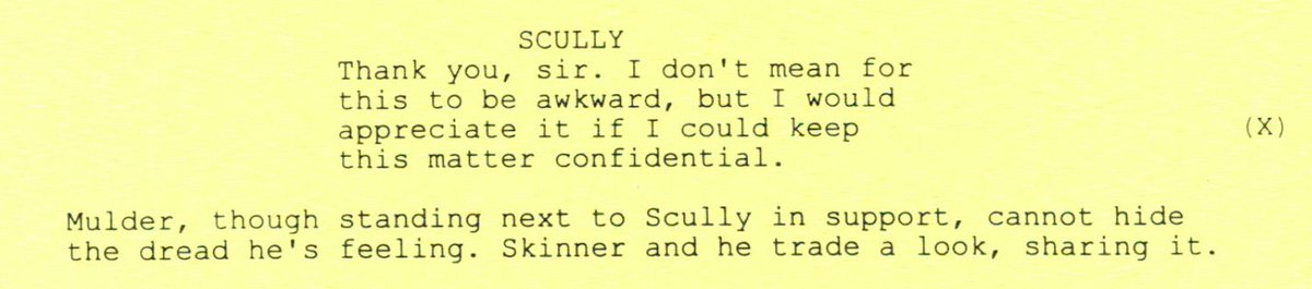 "Mulder, though standing next to Scully in support, cannot hide the dread he's feeling. Skinner and he trade a look, sharing it." #XFScriptWatch