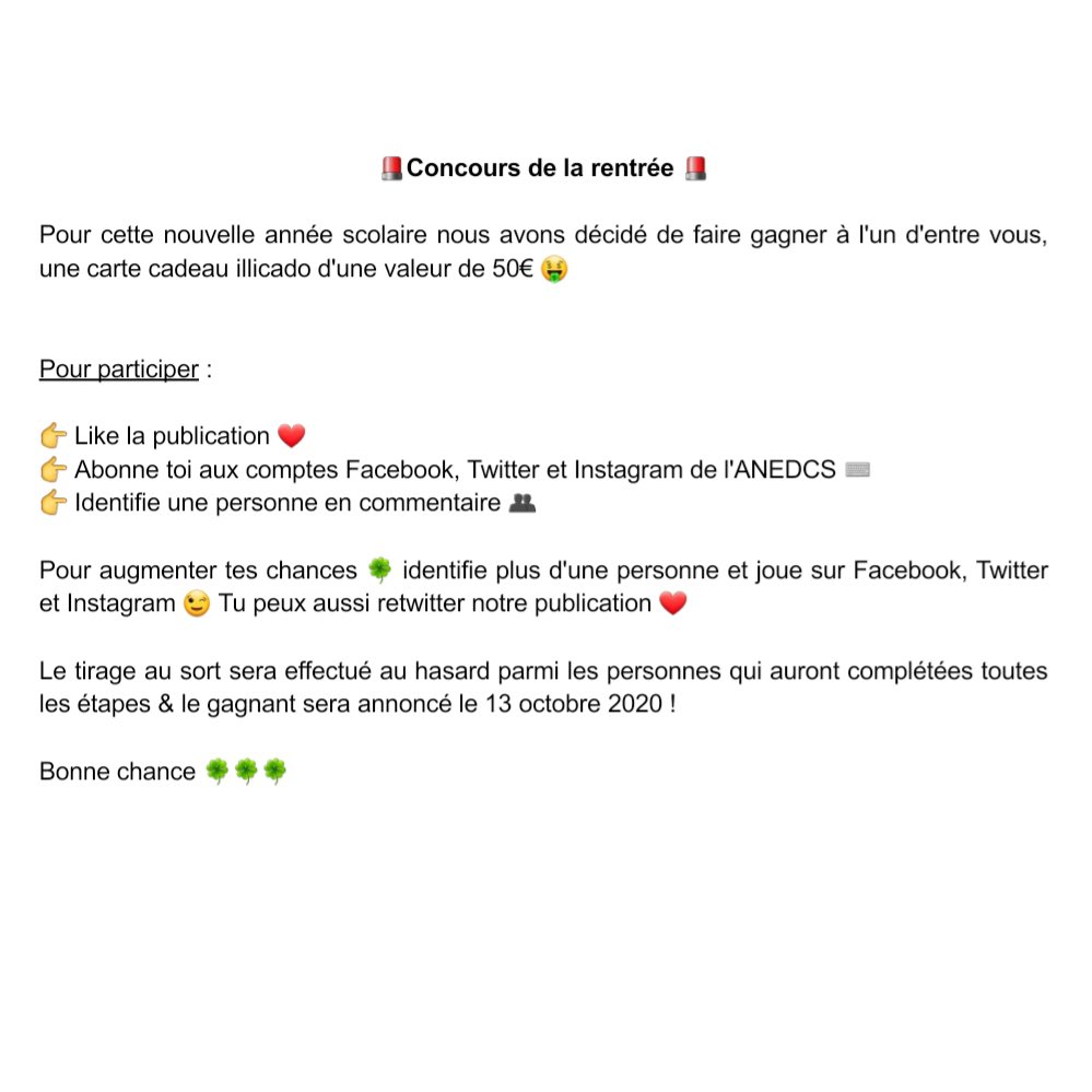 anedcs's tweet photo. 🚨🚨🚨CONCOURS DE LA RENTRÉE 🚨🚨🚨 

Pour démarrer cette nouvelle année, nous mettons en jeu une carte cadeau d’une valeur de 50€ 🤑🤩

Les conditions de participation sont inscrites dans la première photo 😉 

Bonne chance à tous et bonne rentrée🍀🙏

#DCG #DSC #BTSCG https://t.co/lHQXtmqYMx