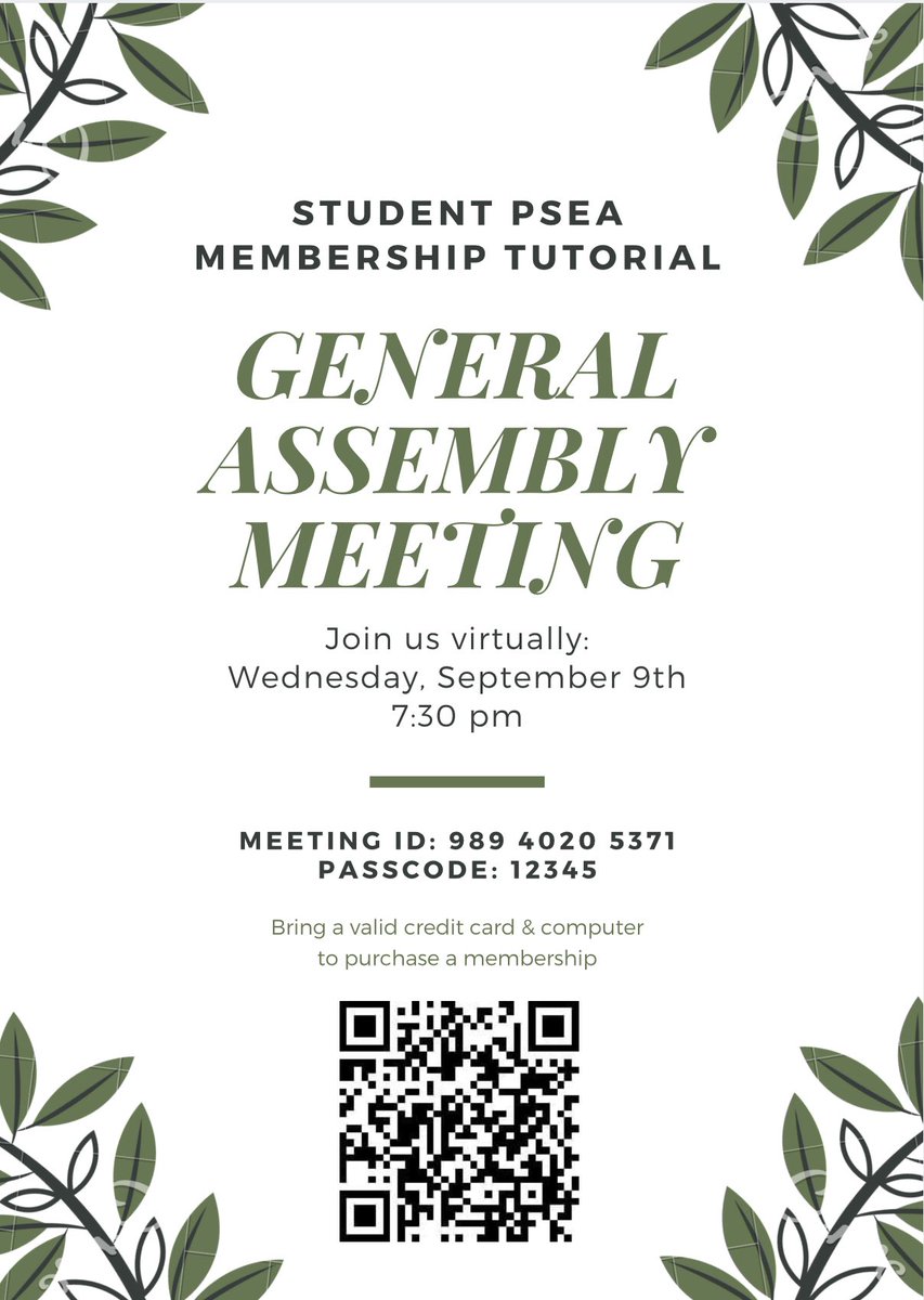 Join us this Wednesday, September 9th at 7:30 p.m for our virtual general assembly meeting! 
We will be walking you through how to become an official member of SPSEA!🎉 Hope to see you there!