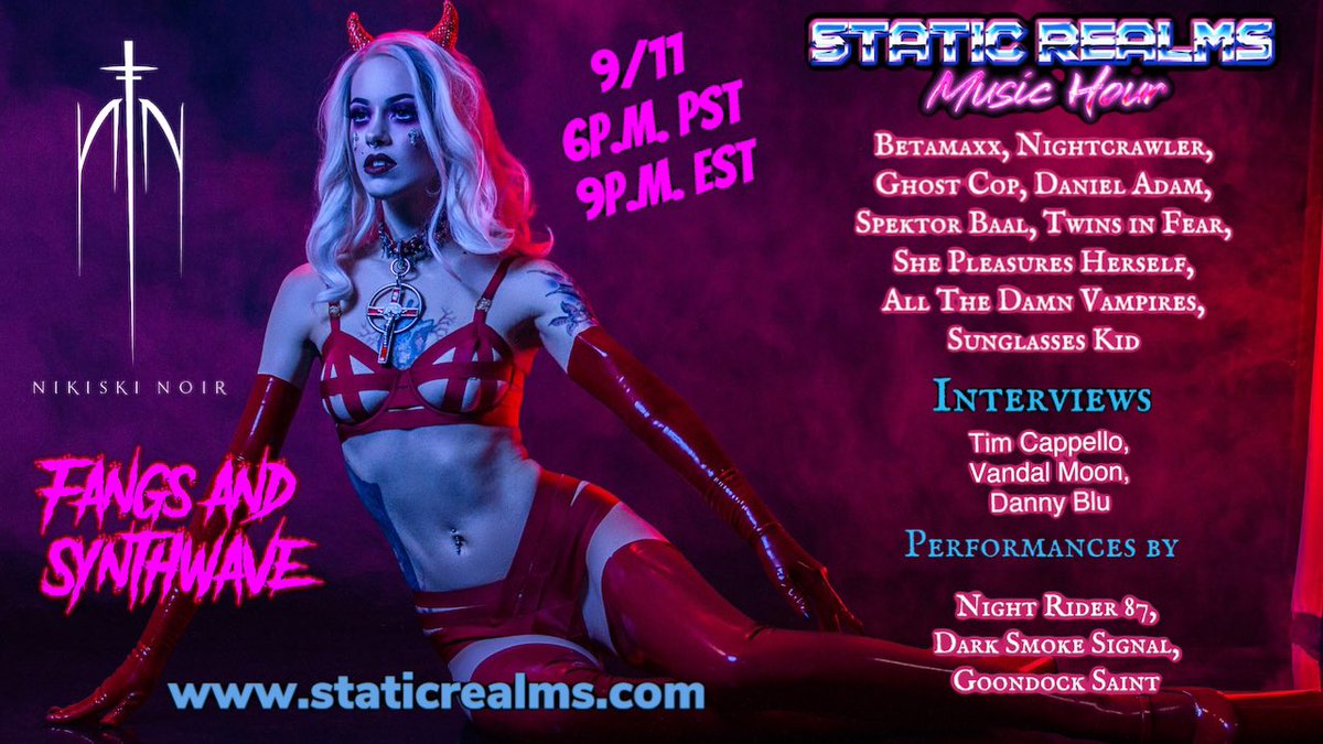 staticrealms's tweet photo. We have added even more to the show on September 11th!🧛♀️
#synthwave #darkwave #musicinterviews #retrowave #vampires #TimCappello #DannyBlu #TwinsinFear #NightRider87 #Nightcrawler #GhostCop #VandalMoon #AlltheDamnVampires #SpektorBaal #ShePleasuresHerself #DanielAdam #Betamaxx https://t.co/rECKL1OqLQ