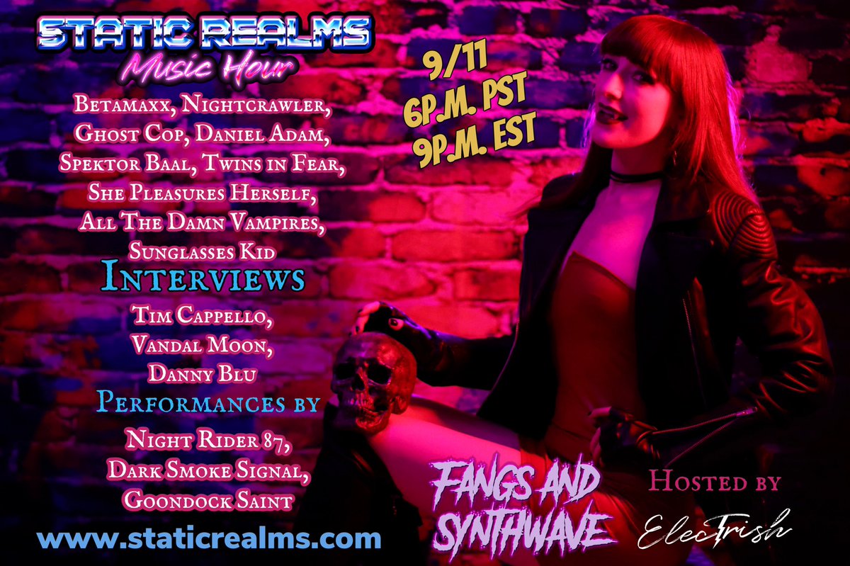 staticrealms's tweet photo. We have added even more to the show on September 11th!🧛♀️
#synthwave #darkwave #musicinterviews #retrowave #vampires #TimCappello #DannyBlu #TwinsinFear #NightRider87 #Nightcrawler #GhostCop #VandalMoon #AlltheDamnVampires #SpektorBaal #ShePleasuresHerself #DanielAdam #Betamaxx https://t.co/rECKL1OqLQ