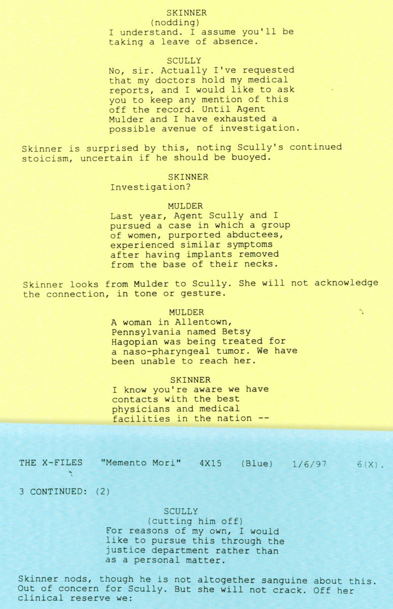 "Skinner looks from Mulder to Scully. She will not acknowledge the connection, in tone or gesture.""Skinner nods, though he is not altogether sanguine about this. Out of concern for Scully. But she will not crack." #XFScriptWatch
