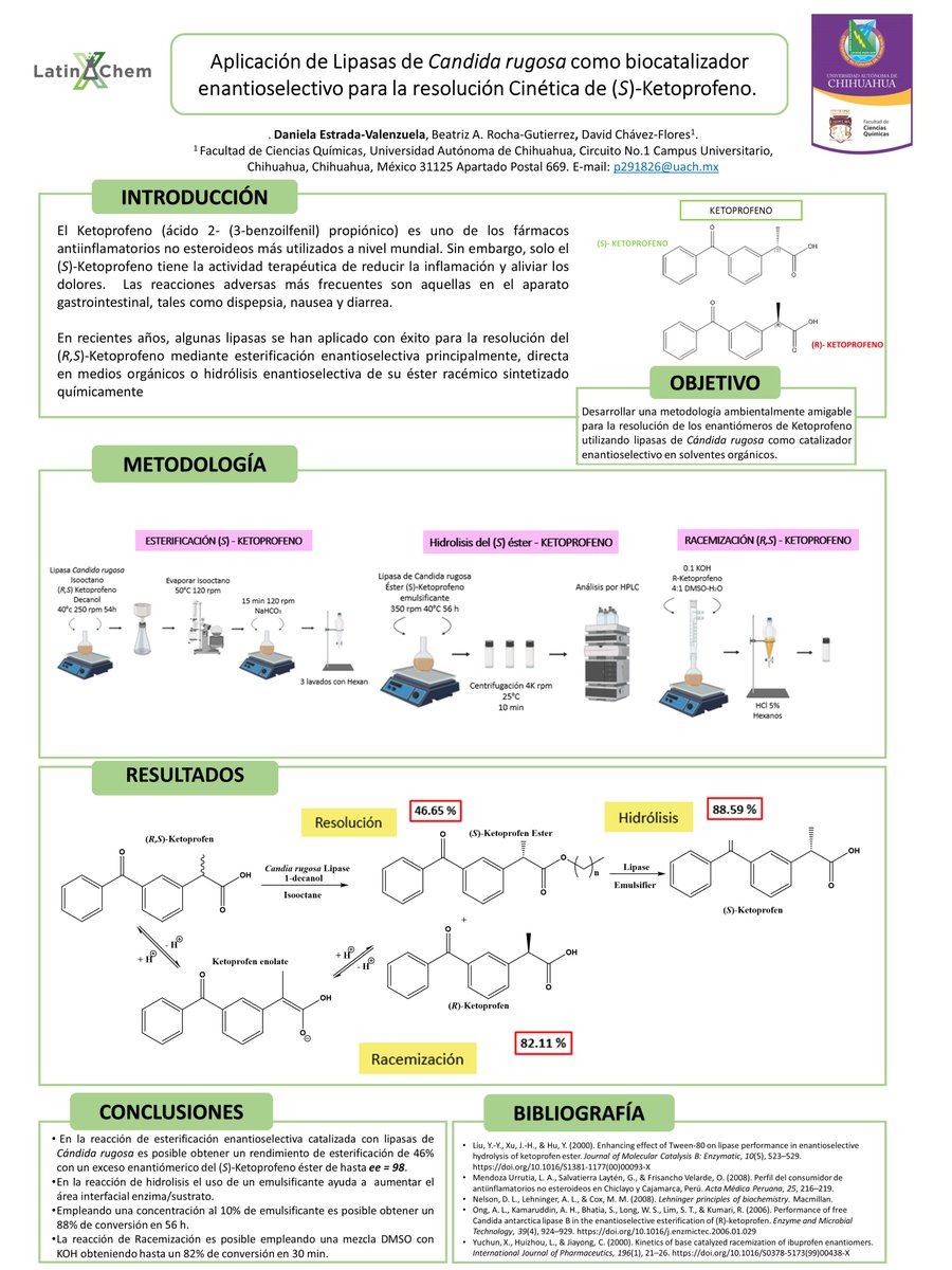 Hi <a href="/LatinXChem/">LatinXChem</a>, this is my work “Aplicación de Lipasas de Candida rugosa como biocatalizador enantioselectivo para la resolución Cinética de (S)-Ketoprofeno”, #LatinXChemCat Cat72