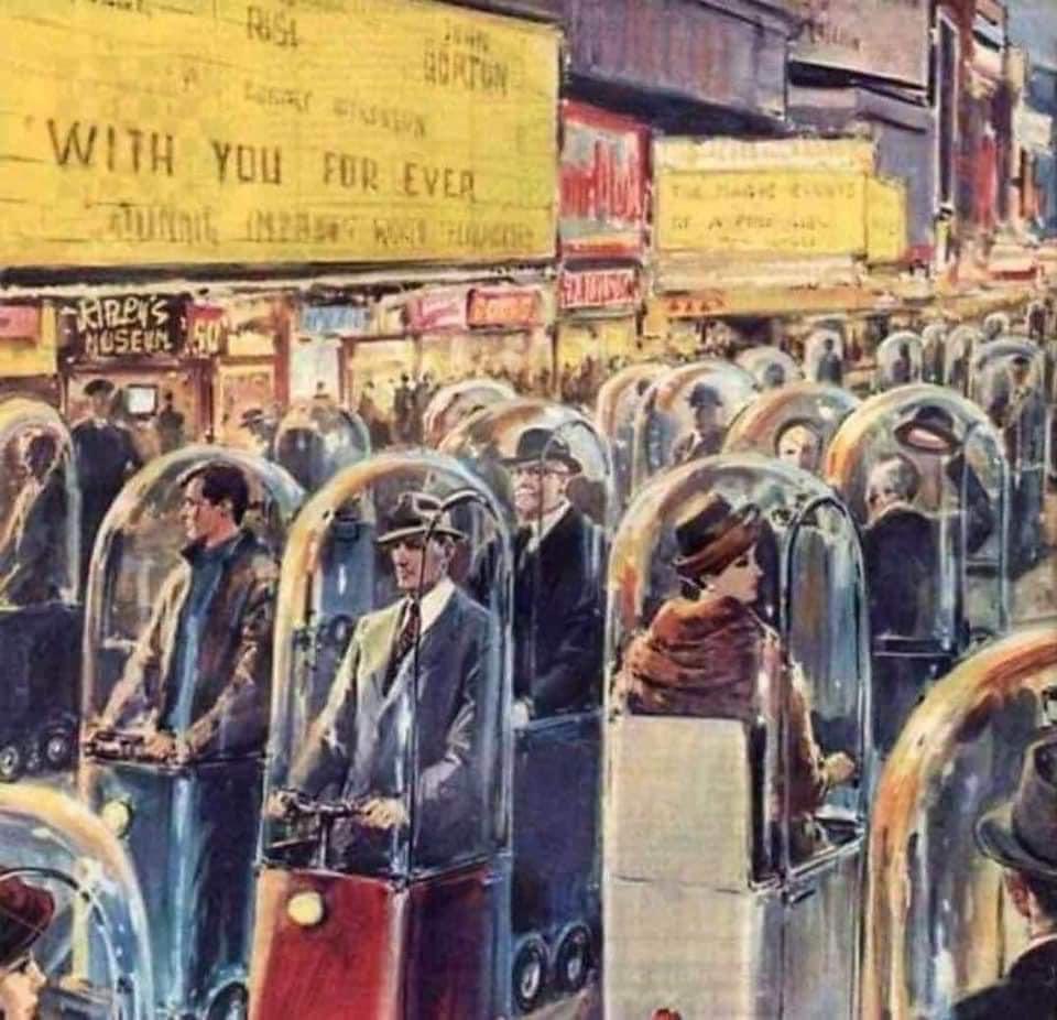 conspjustice's tweet photo. Une peinture de Walter Molino dans les années 1960 intitulée «La vie en 2022» https://t.co/116KBhcaOM