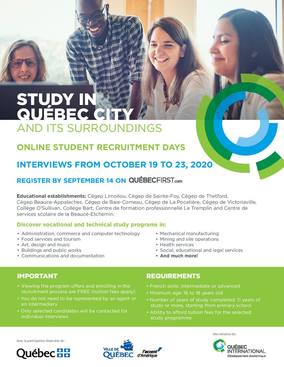 AFHyderabad's tweet photo. Québec recruits students around the world. Online Interviews from October 19 to 23, 2020

ONLINE RECRUITMENT DAYS
INTERVIEWS OCTOBER 5–9, 2020
APPLY BY SEPTEMBER 14.

https://t.co/Ke1DWVLtjo

Registration closes on September 14, 2020. 

https://t.co/nTdbDoKyYR https://t.co/FBJTM7Dh2Z