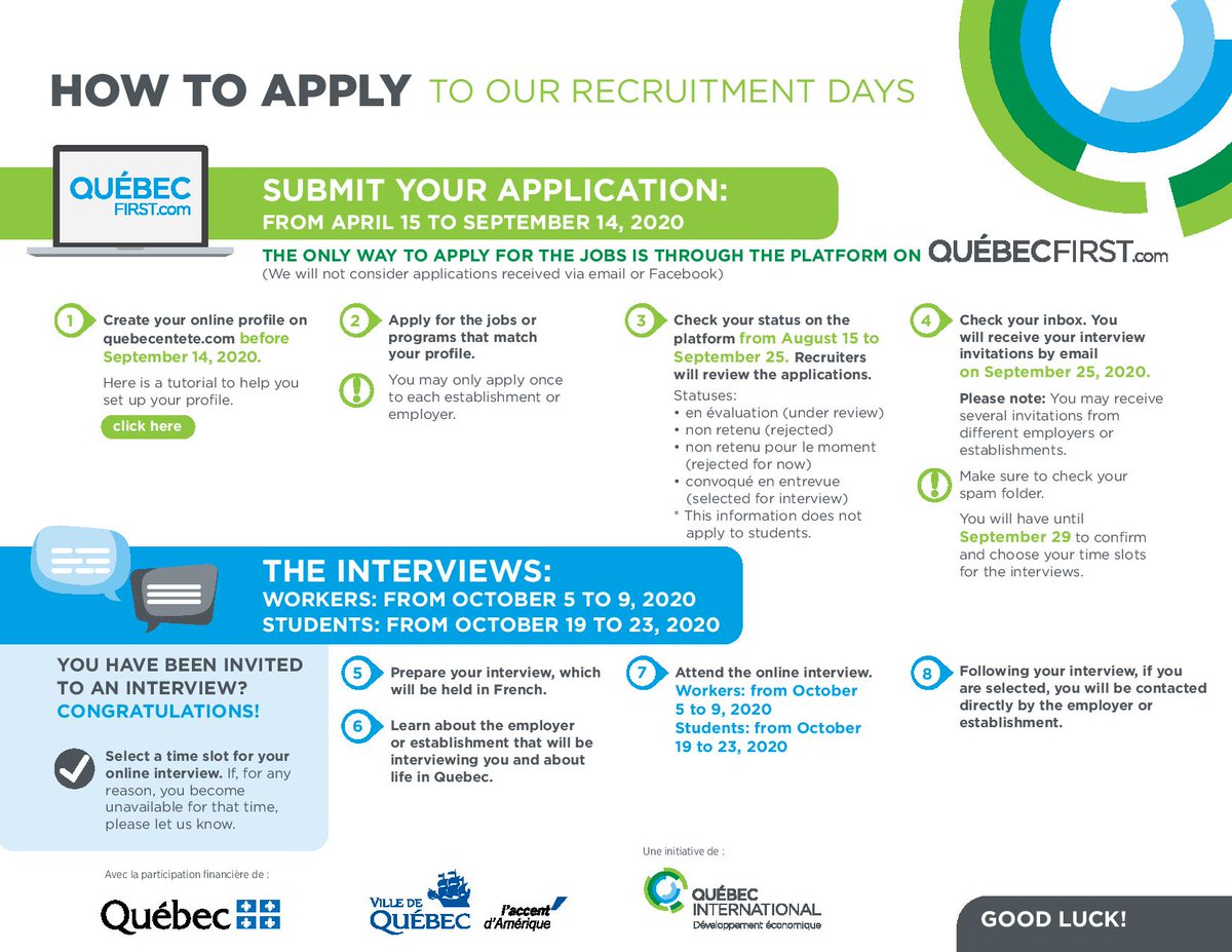 AFHyderabad's tweet photo. Québec recruits students around the world. Online Interviews from October 19 to 23, 2020

ONLINE RECRUITMENT DAYS
INTERVIEWS OCTOBER 5–9, 2020
APPLY BY SEPTEMBER 14.

https://t.co/Ke1DWVLtjo

Registration closes on September 14, 2020. 

https://t.co/nTdbDoKyYR https://t.co/FBJTM7Dh2Z