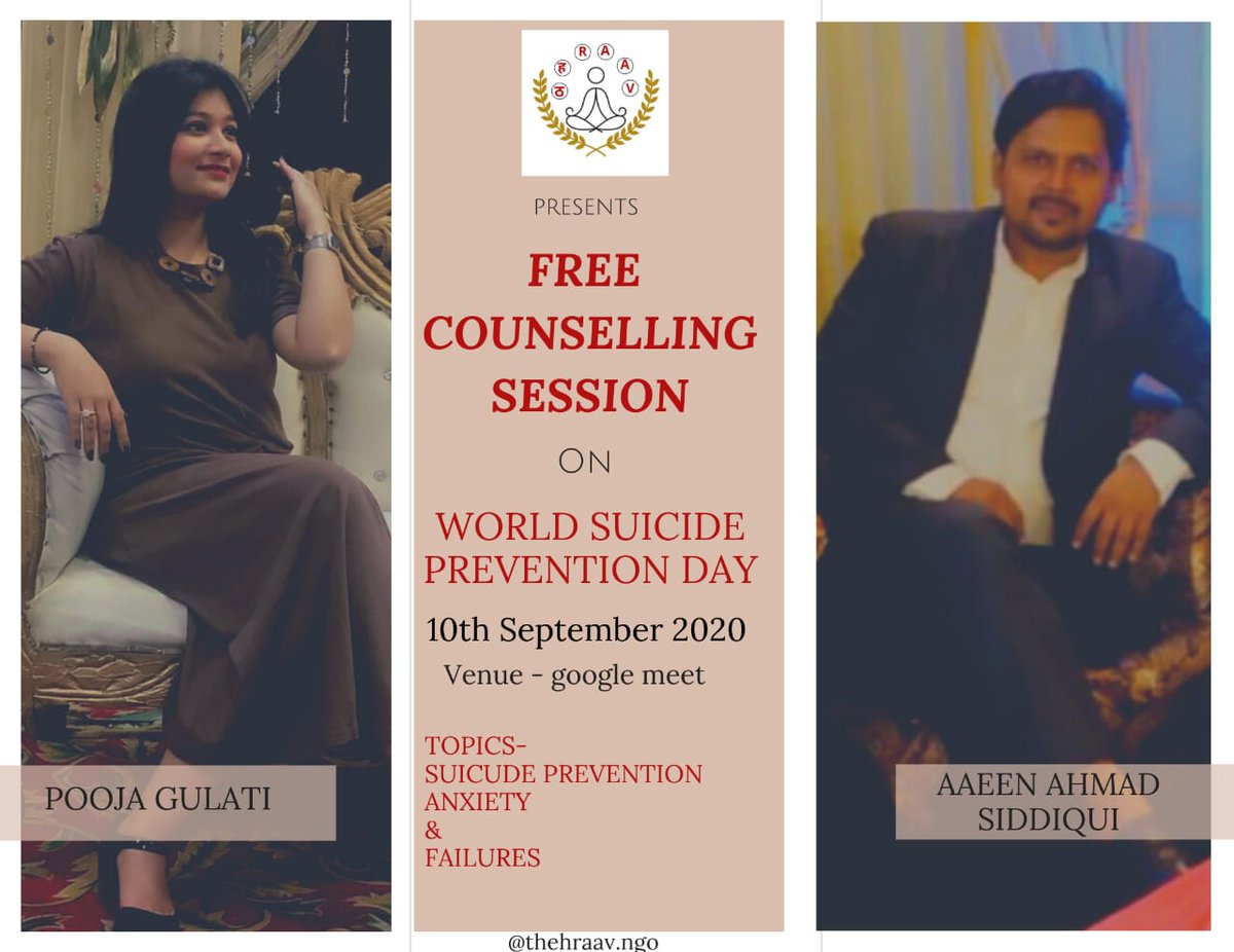 Free counselling session on world Suicide Prevention Day🌸
#thehraav #thehraavngo #NGO #counselling #freecounsellingsession #WorldSuicidePreventionDay #10thseptember2020 #PoojaGulati #AaeenAhmadSiddiqui 🌈