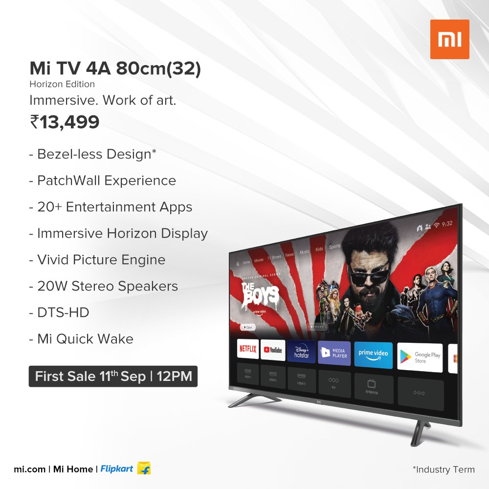 manukumarjain's tweet photo. Mi TV #HorizonEdition Series is here. 🤩

- Bezel-less Design*
- #PatchWall - 20+ Entertainment Apps
- Immersive Horizon Display
- Vivid Picture Engine
- 20W Stereo Speakers
- Mi Quick Wake

#MiTV4A32 - ₹13,499 | Sale - 11th Sep
#MiTV4A43 - ₹22,999 | Sale - 15th Sep

I ❤️ #Mi https://t.co/CMqRtxj0DY