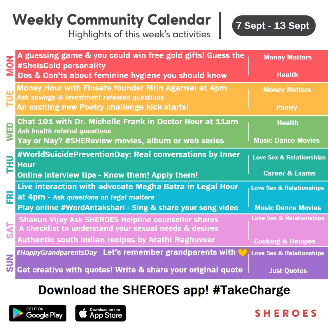 sheroes's tweet photo. #OnSHEROESAppThisWeek #MondayMotivation
Learn about digital gold & win some too! #SHEIsGold
#Poetry challenge & online antakshari coming up this week!
#DoctorHour with @DrMichelleF | #MoneyTalk with @mrinagarwal
Download the SHEROES app & join in: https://t.co/BBAH5cBEJf https://t.co/yWLHlBjOX7