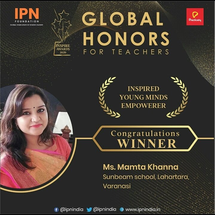 SLahartara's tweet photo. So proud of Ms.Mamta Khanna, Academic Head, Kindergarten Section for being the #WINNER of #IPNAwards for the category Inspired Young Minds Empowerer..
Amongst 97 Nominations, few Rigorous rounds of Interview by an esteemed panel..
Mamta ma'am topped the chart in the category.. https://t.co/xgVcguLktI