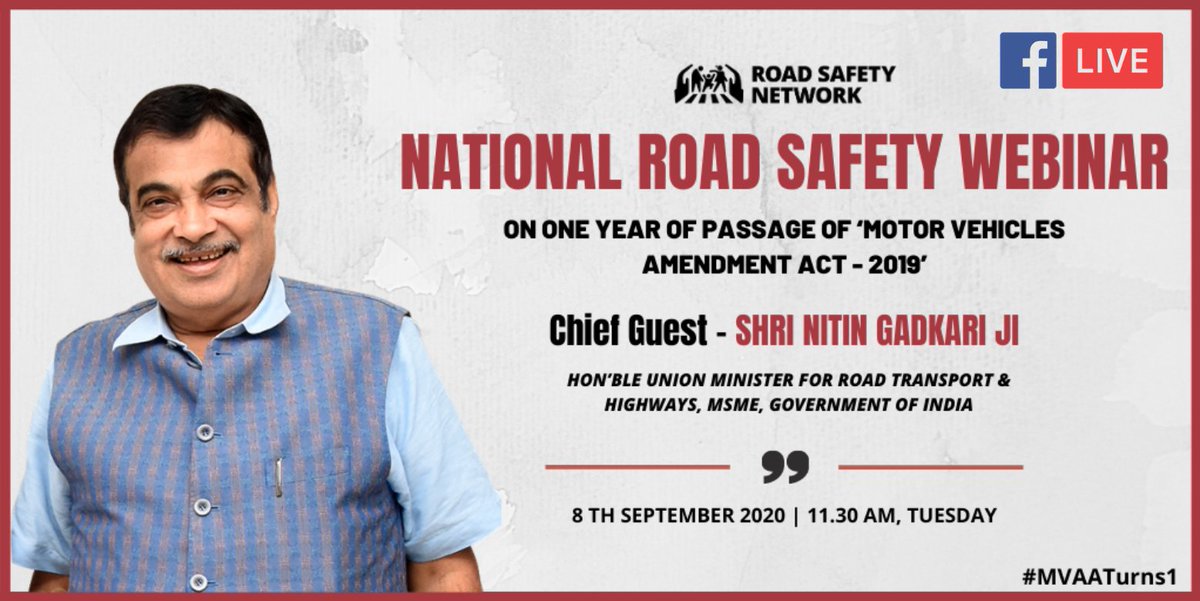 CEEahmedabad's tweet photo. CEE on behalf of Road Safety Network invites you to the NATIONAL ROAD SAFETY WEBINAR on 8 SEP at 11.30 AM. The program will be presided over by Hon’ble Union Minister @nitin_gadkari as the Chief Guest. Join us Live on 
https://t.co/ogvmK8BklS
#MVAAturns1, #RoadSafety https://t.co/9xSr6e7n8x