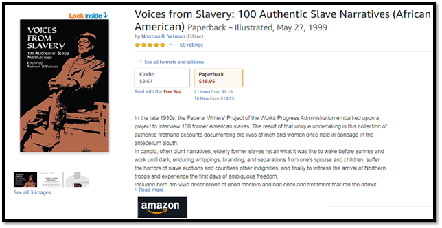 Book Review Assignment:Instructions:Read 5 stories from this book and write book reviews on them. Remember to show empathy. Google sample of Book: VOICES FROM SLAVERY https://www.google.com/books/edition/Voices_from_Slavery/dLfCAgAAQBAJ?hl=en&gbpv=1&printsec=frontcover