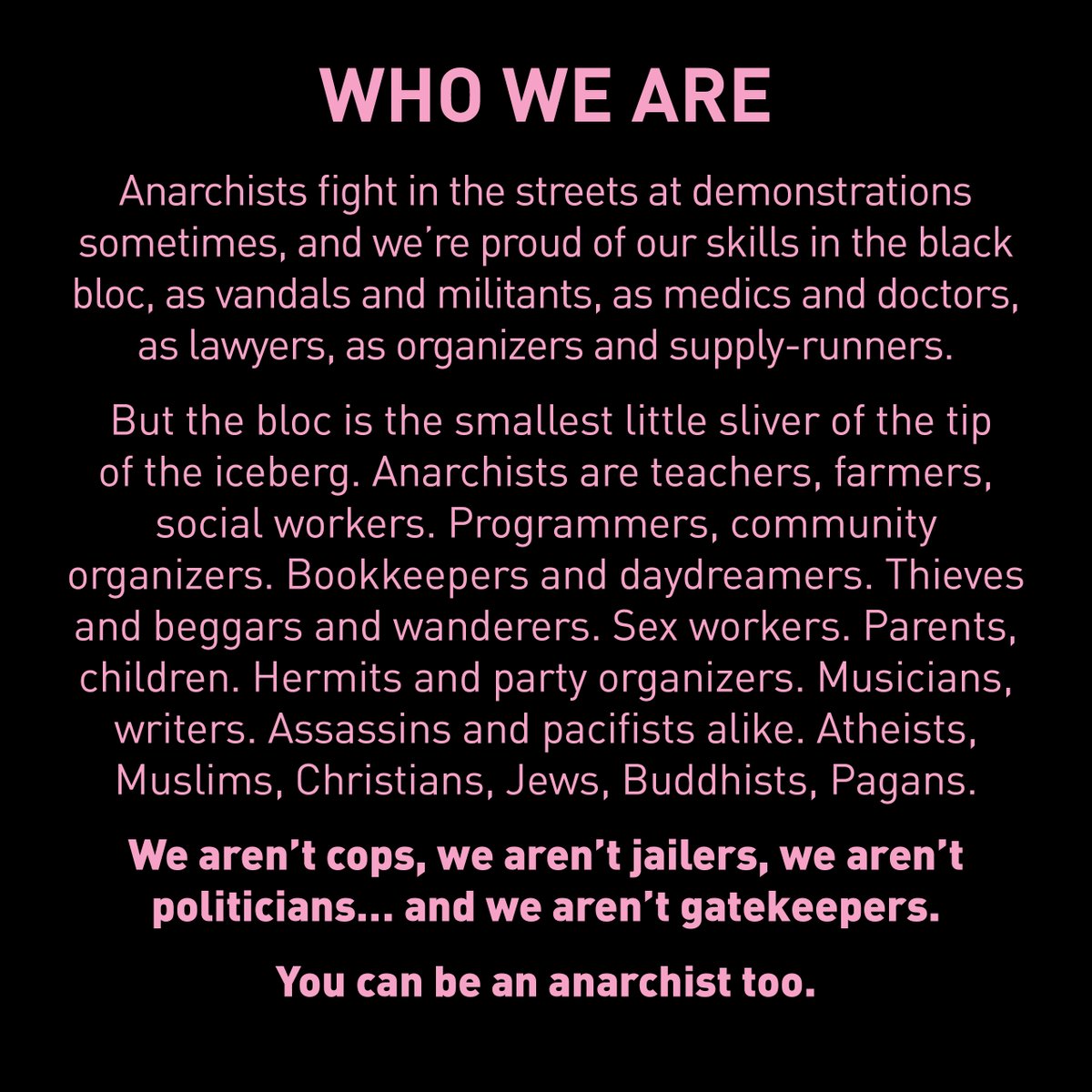 Just Who Are These Anarchists?(reposted from Black Powder Press on Instagram, an introduction to anarchism. I'll put the text from the slides in a long thread below the images.)