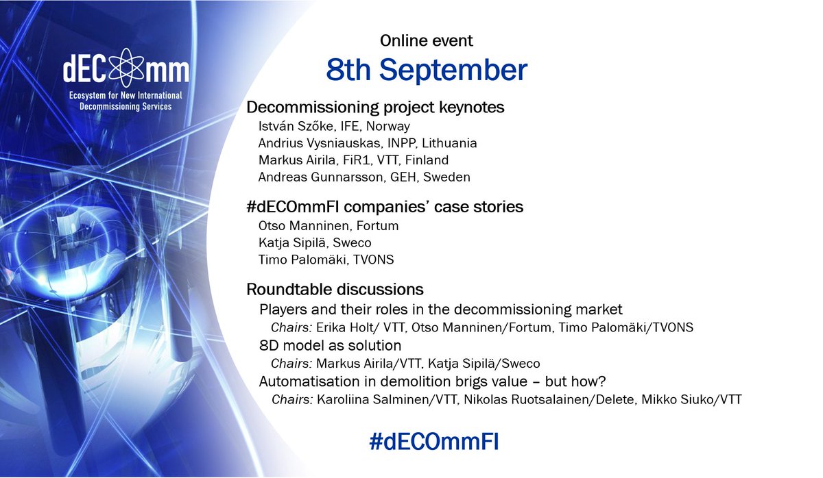 dECOmmFI's tweet photo. We welcome all you who have experience of #nuclear or #DecommissioningBusiness as well those who have not yet🙂
TOMORROW
ONLINE
Link to registration 👉https://t.co/XHxlkzbNUx
#dECOmmFI #decommissioning #NPP #demolition #networking
@Erika65041094 @KaroliinaSa @RyynanenTapani https://t.co/32RaJ6sthZ