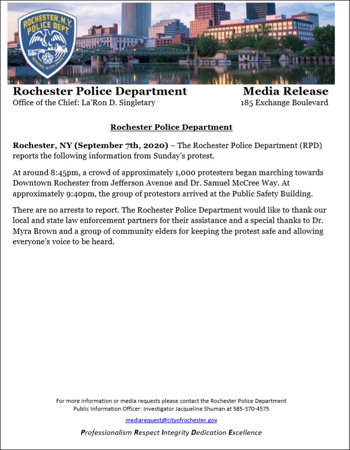 RochesterNYPD's tweet photo. The Rochester Police Department would like to thank our local and state law enforcement partners for their assistance and a special thanks to Dr. Myra Brown and a group of community elders for keeping the protest safe and allowing everyone’s voice to be heard. https://t.co/YjQWa3ELY3