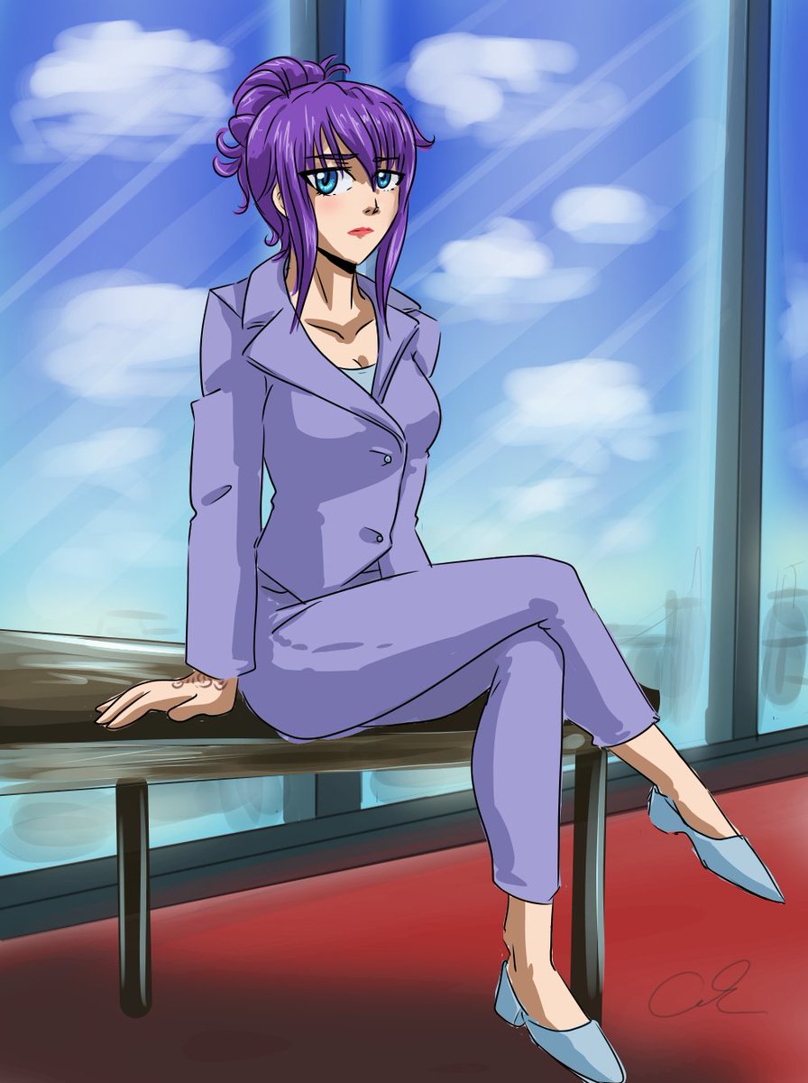 ||Still really hate the background but I've had this vague idea for a while now of what Mayla wears to meetings and publicity gigs when out of her hero costume and somehow "periwinkle tailored pants suit with capris" is what solidified in my mind.