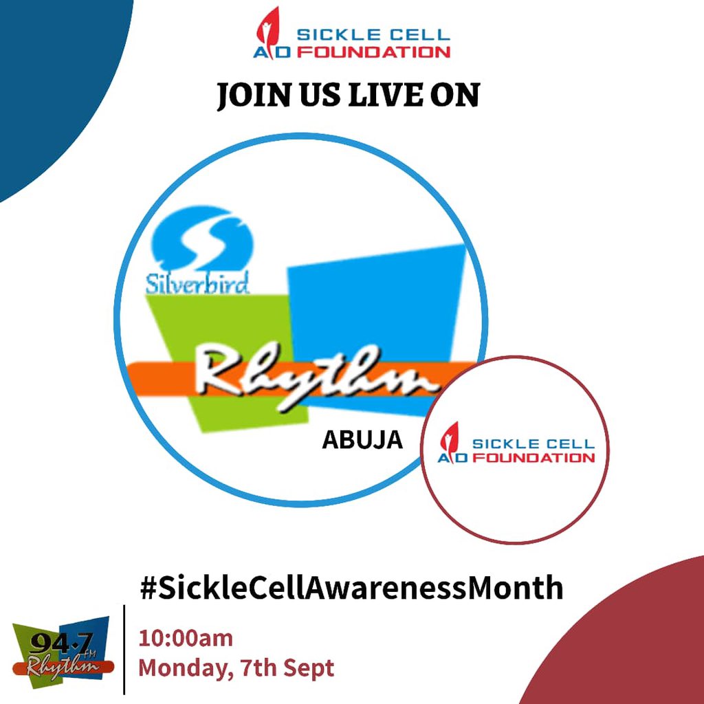 SCAF_Nigeria's tweet photo. Listen to us live on Rhythm 94.7 fm this morning at 10am as we discuss about the Sickle Cell Disorder. Remember that information is necessary in breaking the sickle cycle 😉. #WSCM #MediaRounds #rhythmfm #SCAF #BreakTheSickleCycle #supportscaf #scdbill2020 https://t.co/SiGAfHQNZI