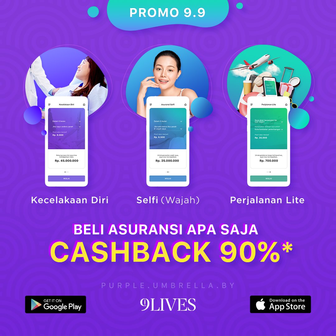 9LivesID's tweet photo. Hai Teman 9LIVES! Mulai 7 - 14 September 2020 akan ada PROMO 9.9, dengan membeli produk asuransi apa saja melalui app 9LIVES, kamu bisa mendapatkan cashback 90%* loh, WOW banget kan! 😱😱

Masih bingung pilih perlindungan untukmu? cek foto dibawah ini yuk 😉 https://t.co/FsjEoch8YE